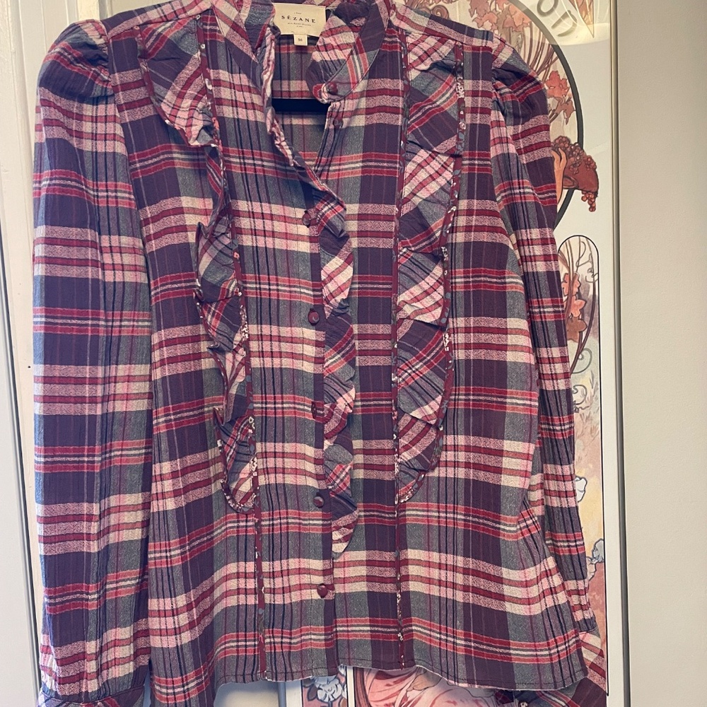 Sezane Pink and Purple Plaid Ruffled Blouse - Picture 3 of 5